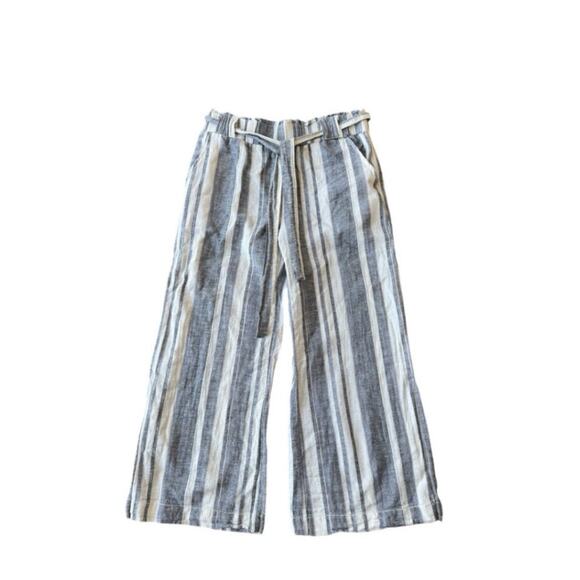 Kiss & Cry Linen Pants Womens L Elastic Waist, Tie, White Blue Wide Leg Beach - Picture 1 of 9